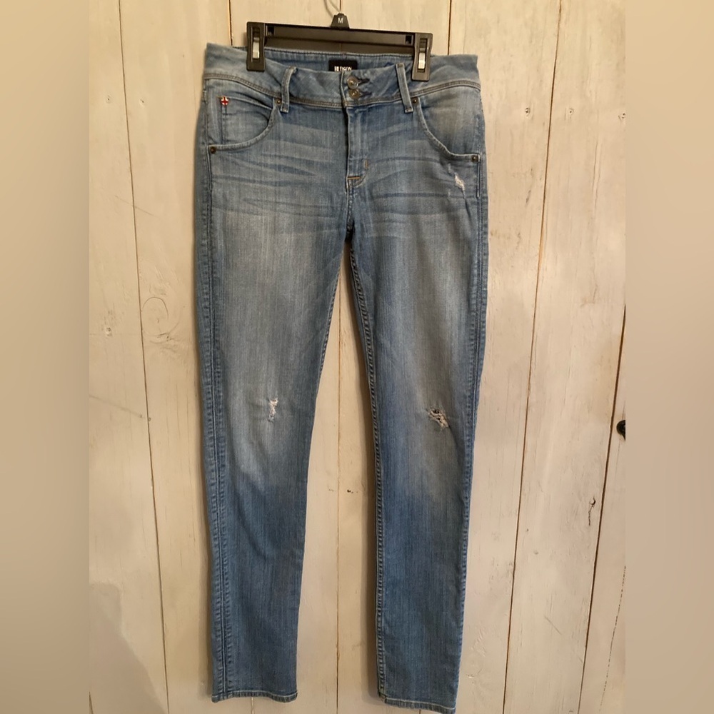 Women's Hudson Jeans Size 28 Collin Skinny Flaps Blue distressed Denim
